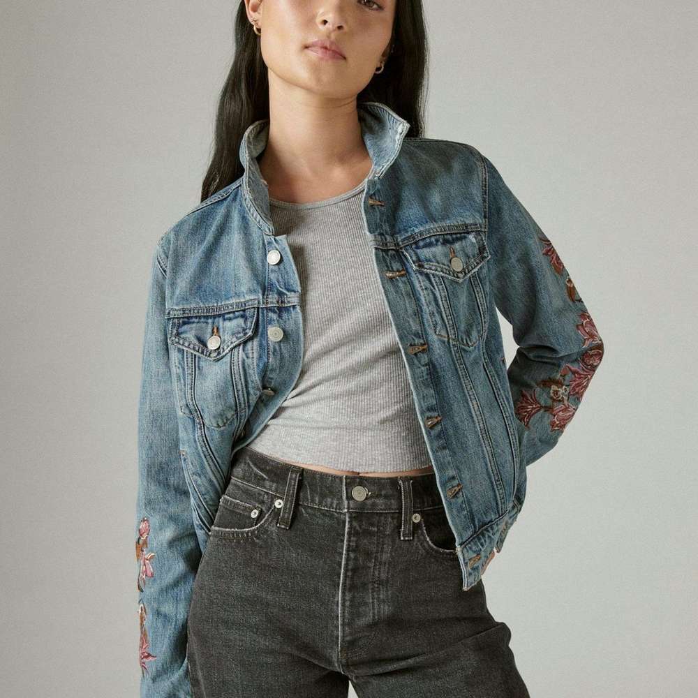 embroidered trucker jacket, LEVEL UP, large