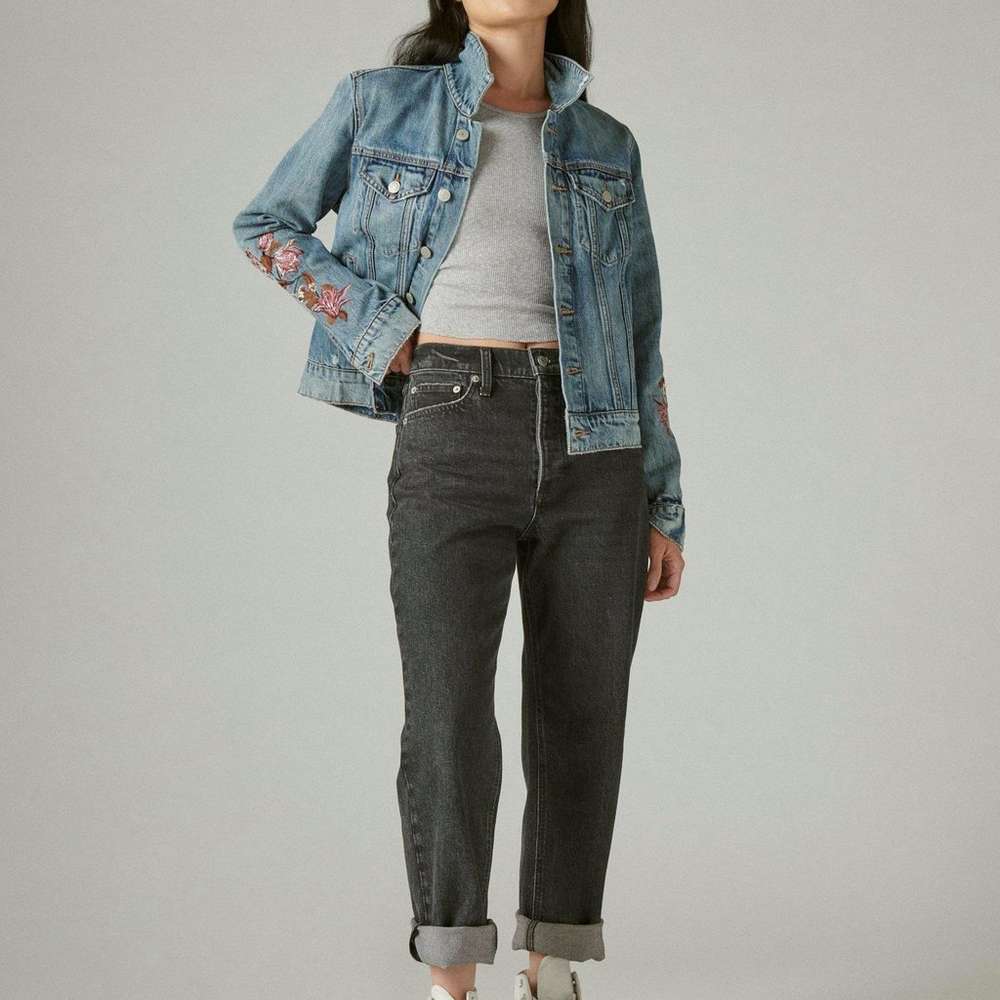 embroidered trucker jacket, LEVEL UP, large