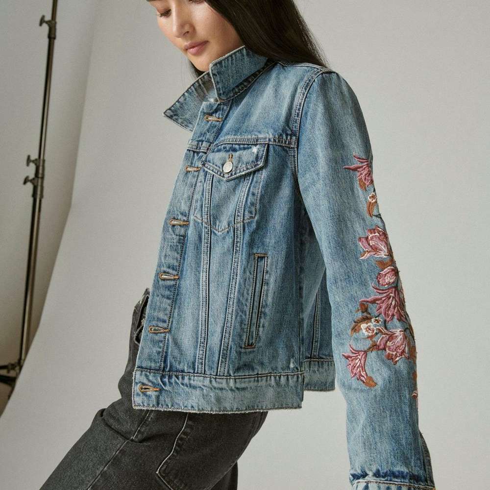 embroidered trucker jacket, LEVEL UP, large
