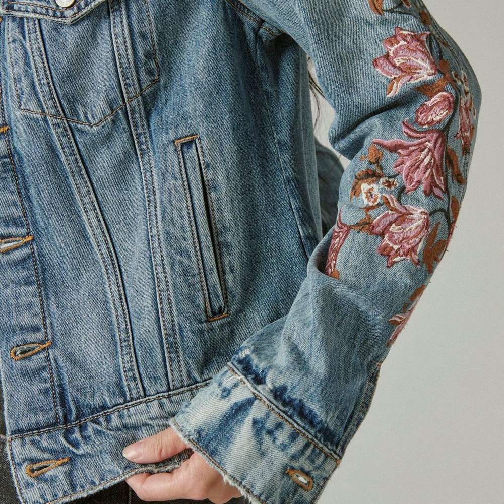 embroidered trucker jacket, LEVEL UP, large