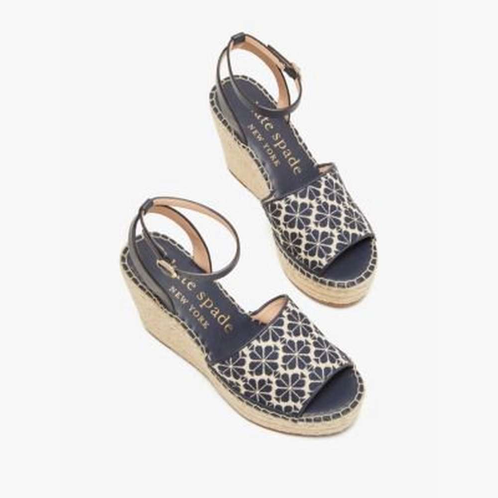 fab spade flower jacquard espadrille wedges, light taupe / navy, large