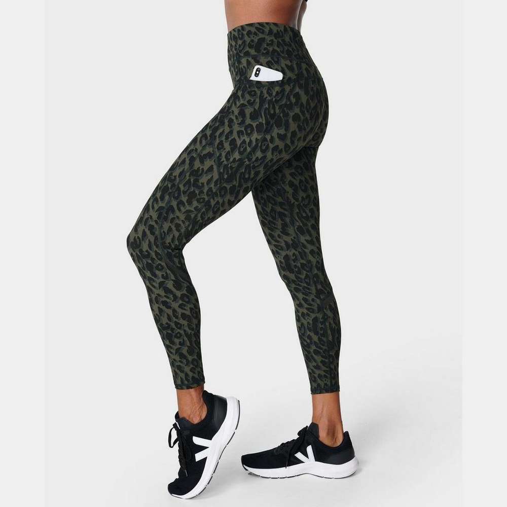 Zero Gravity High-Waisted 7/8 Running Leggings, Olive Leopard Print, large