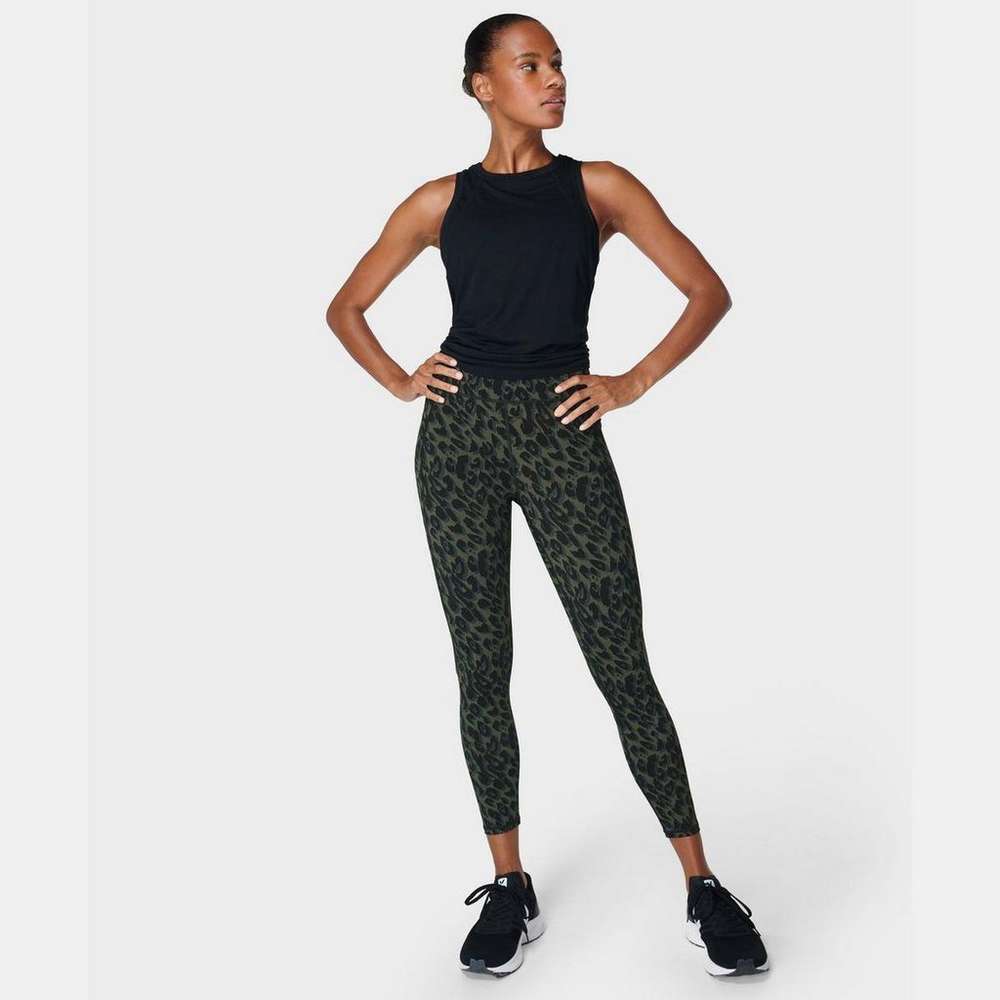 Zero Gravity High-Waisted 7/8 Running Leggings, Olive Leopard Print, large