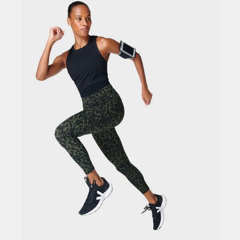 Zero Gravity High-Waisted 7/8 Running Leggings, Olive Leopard Print, large