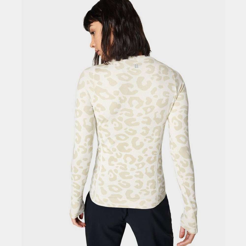 Glisten Seamless Long Sleeve Top, White Paint Leopard Jacquard, large