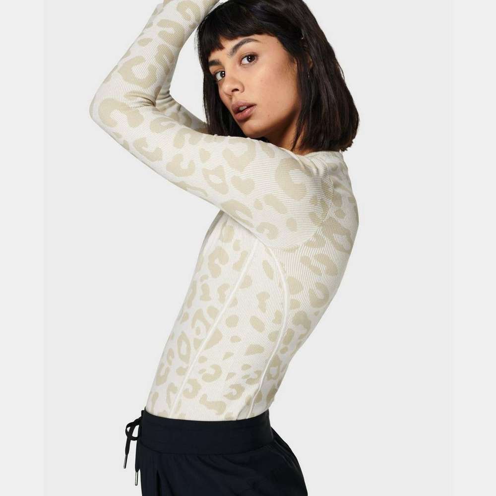 Glisten Seamless Long Sleeve Top, White Paint Leopard Jacquard, large