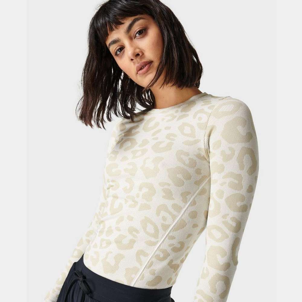 Glisten Seamless Long Sleeve Top, White Paint Leopard Jacquard, large