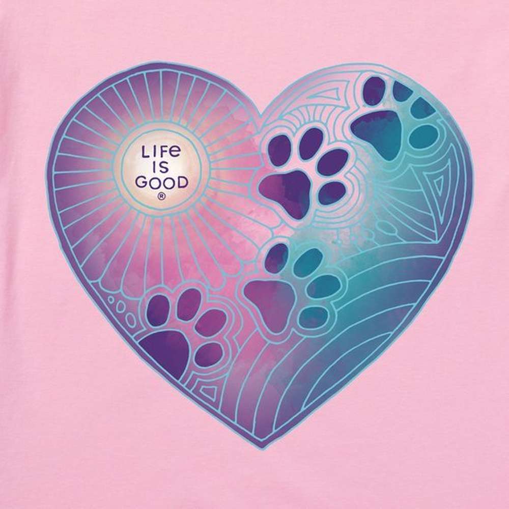 Women's Pawprints Heart Short Sleeve Vee, Happy Pink, large